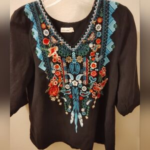 Zizou Elegant Black Blouse with Vibrant Embroidery